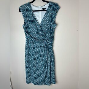 Ann Taylor Black Label Dress Geometric Print Faux Wrap Sz 8 Sleeveless Teal